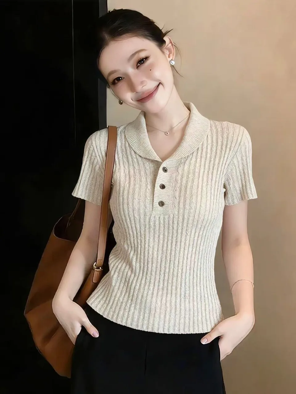 

plus Size Women's Knitted Short Sleeve T-Shirt Slimming Versatile Summer New Style Korean Style Button up Casual Wear