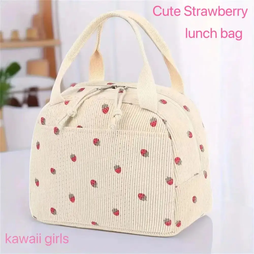 

New Strawberry Lunch Bag Striped Canvas Picnic Tote Bag Large Capacity Students Officer Pouch Dinner Organizer Kawaii Girls Bag