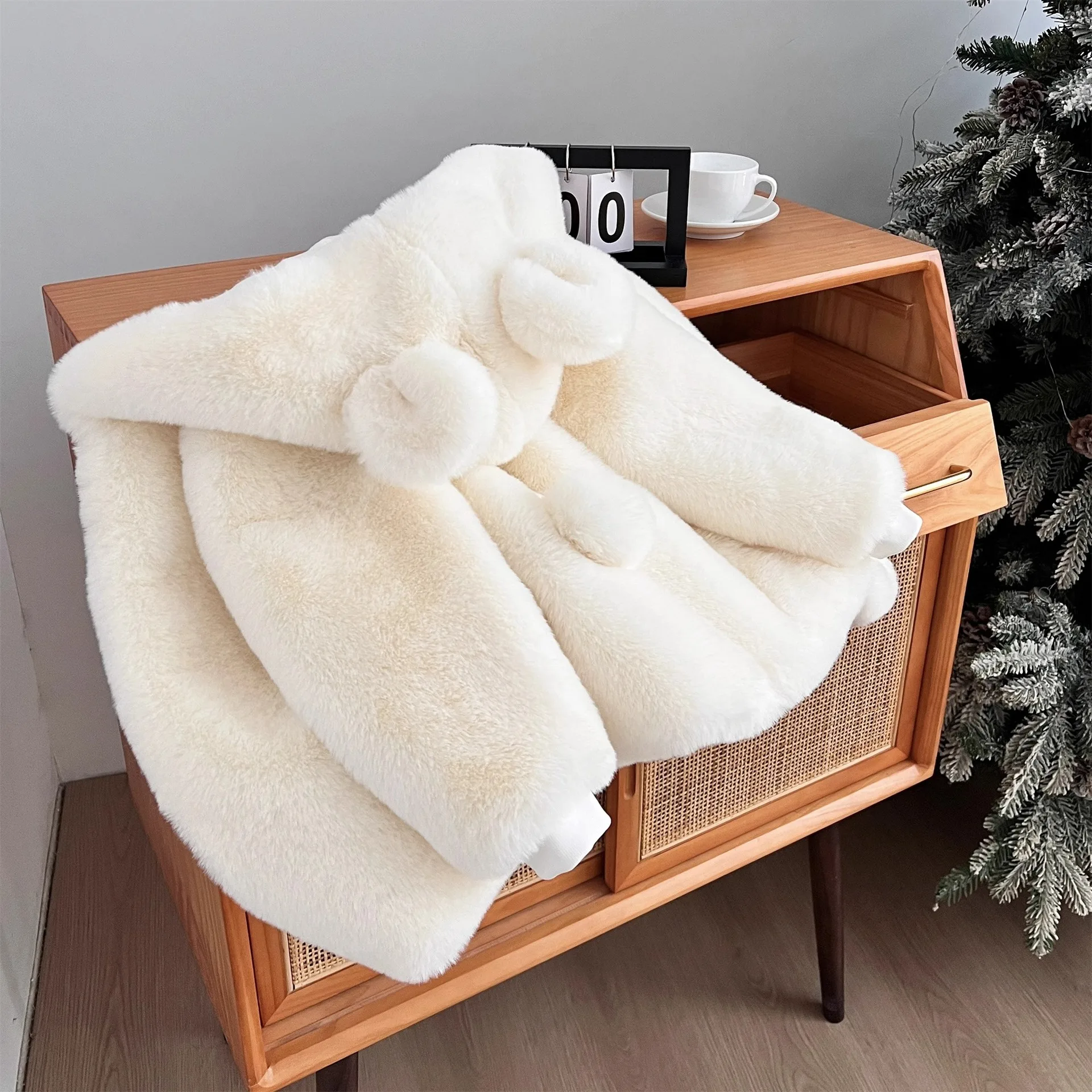 UNITIM Winter 2-10Yrs Girls Woolen Coat Ear Hooded Faux Fur Children Girls Overcoat Toddler Kids Fluffy Outerwear Coats for Girl