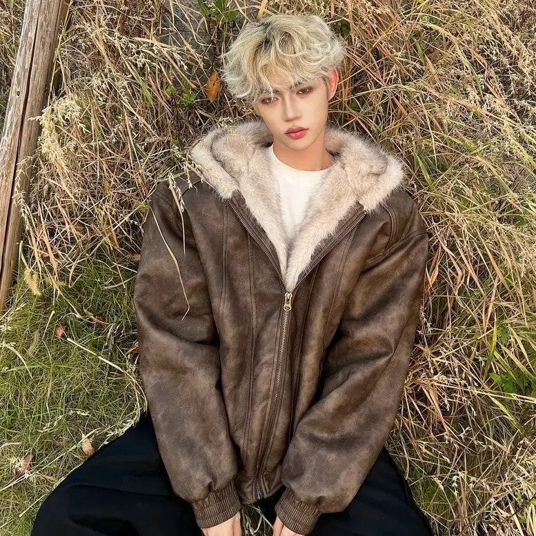 الشتاء 2000s الجمالية فو الفراء طوق سترات الرجعية الرجال Y2k زمم مقنعين ثقافة فرعية Harajuku خمر معاطف بلوزات #6