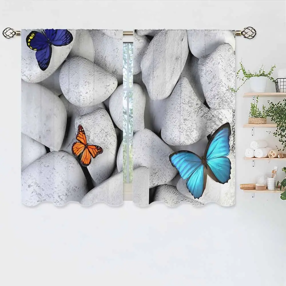 ستائر المطبخ الحجر والفراشة الطبيعة الملونة الجميلة الفراشات ستائر قصيرة الطبقة للحمام مقهى نافذة صغيرة #5