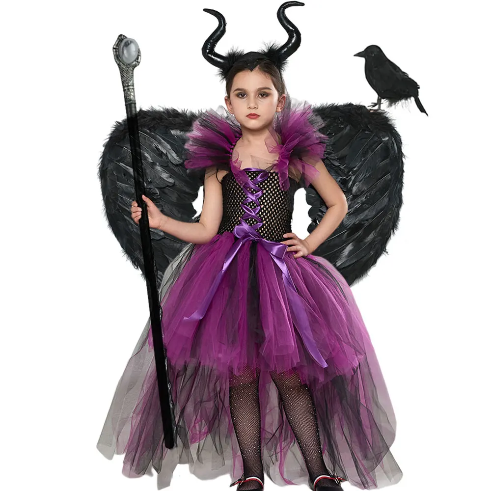 Disney Maleficent Kostuum Deluxe Meisjes Halloween Carnaval Party Black Trailing Mesh Jurk Kids Cosplay Demon Queen Heksenkleding