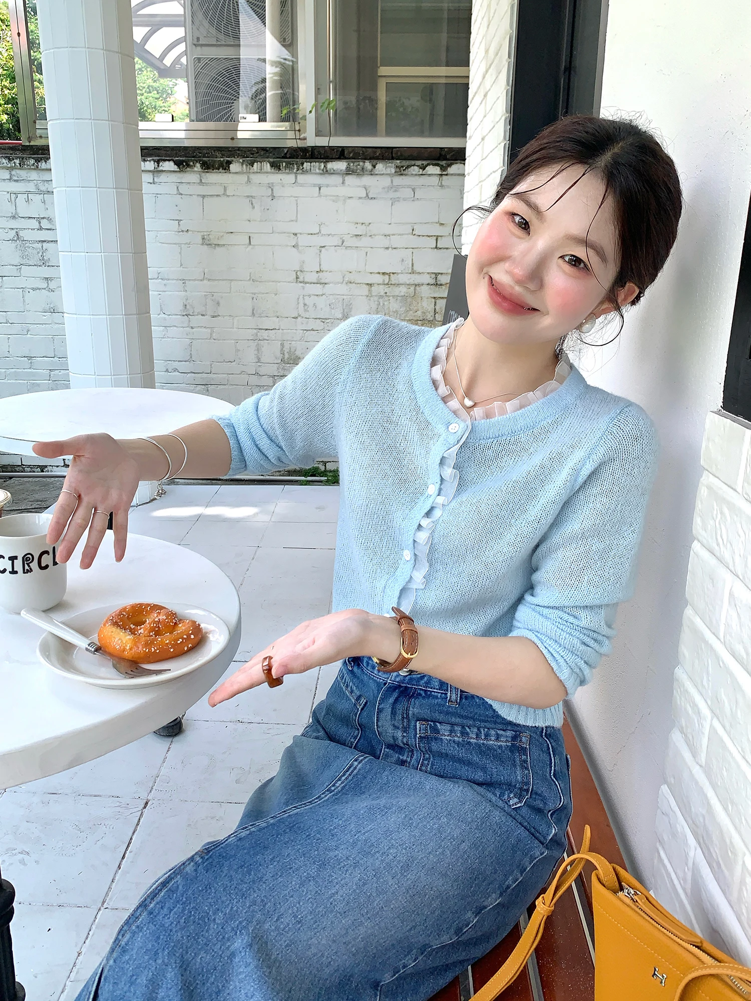 

Мягкий женский вязаный свитер с длинными рукавами и круглым вырезом, ажурный кардиган, нежный топ для ранней осени, цвет Sea Salt Cold Brew