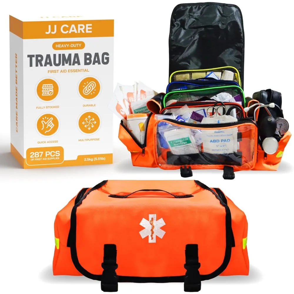 JJ CARE Trauma Bag (287 pcs), Fully Stocked EMT Medical Bag for Professionals, First Aid Emergency Medical Kit, First Responder