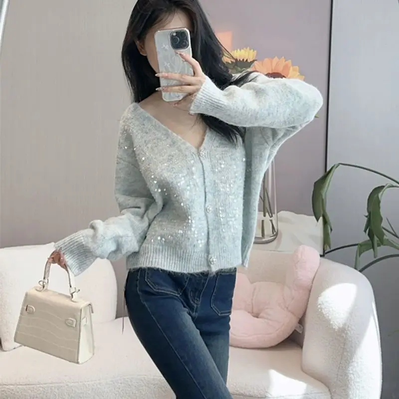 Fashion Glitter Loose V-neck Knitting Cardigan Women Autumn Elegant Solid Color Long Sleeve Sweater All-match Trend Knitwear