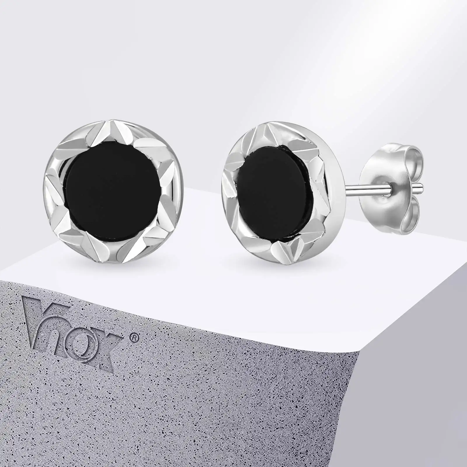 

Vnox Black Onyx Round Stud Earrings for Men, Edge-Cut Textured Piercing Earrings, 8.6mm Hip Hop Small Ear Studs Jewelry Gifts