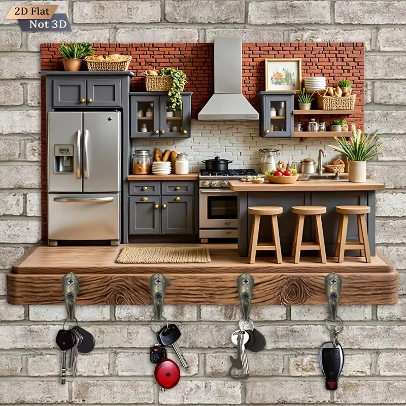 2D Flat. 1pc. Kitchen Key Hook - Multi-Functional Decorative Key Holder with Four Metal Hooks, Wall Decoration, Room