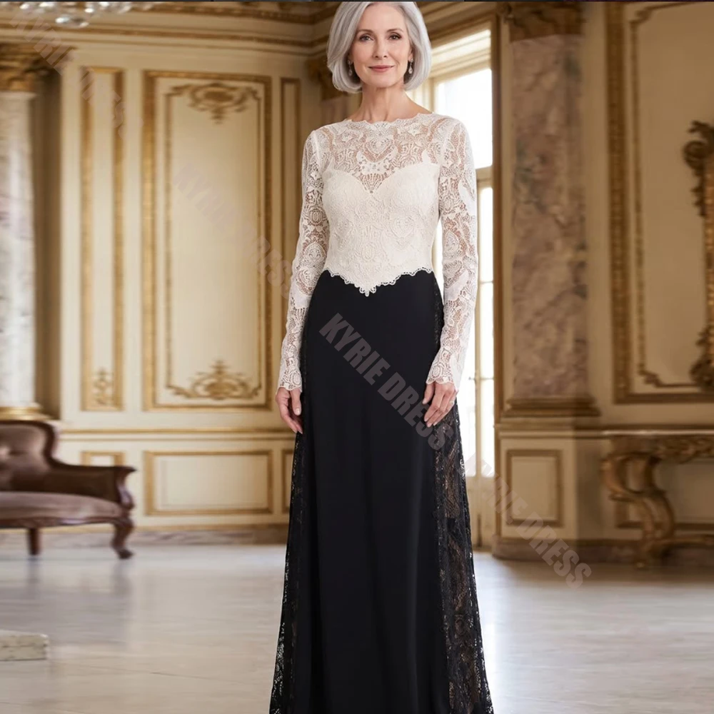 Fashion Mother of The Bride Dresses Customized Boat Neck Full Sleeves Lace Contrast Color Wedding Guest Gown Party Evening Dress