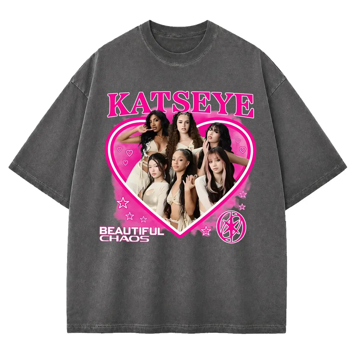 Classic Katseye Kpop Girl Group Oversized T Shirt 100% Cotton Vintage Washed T-shirt for Men Women