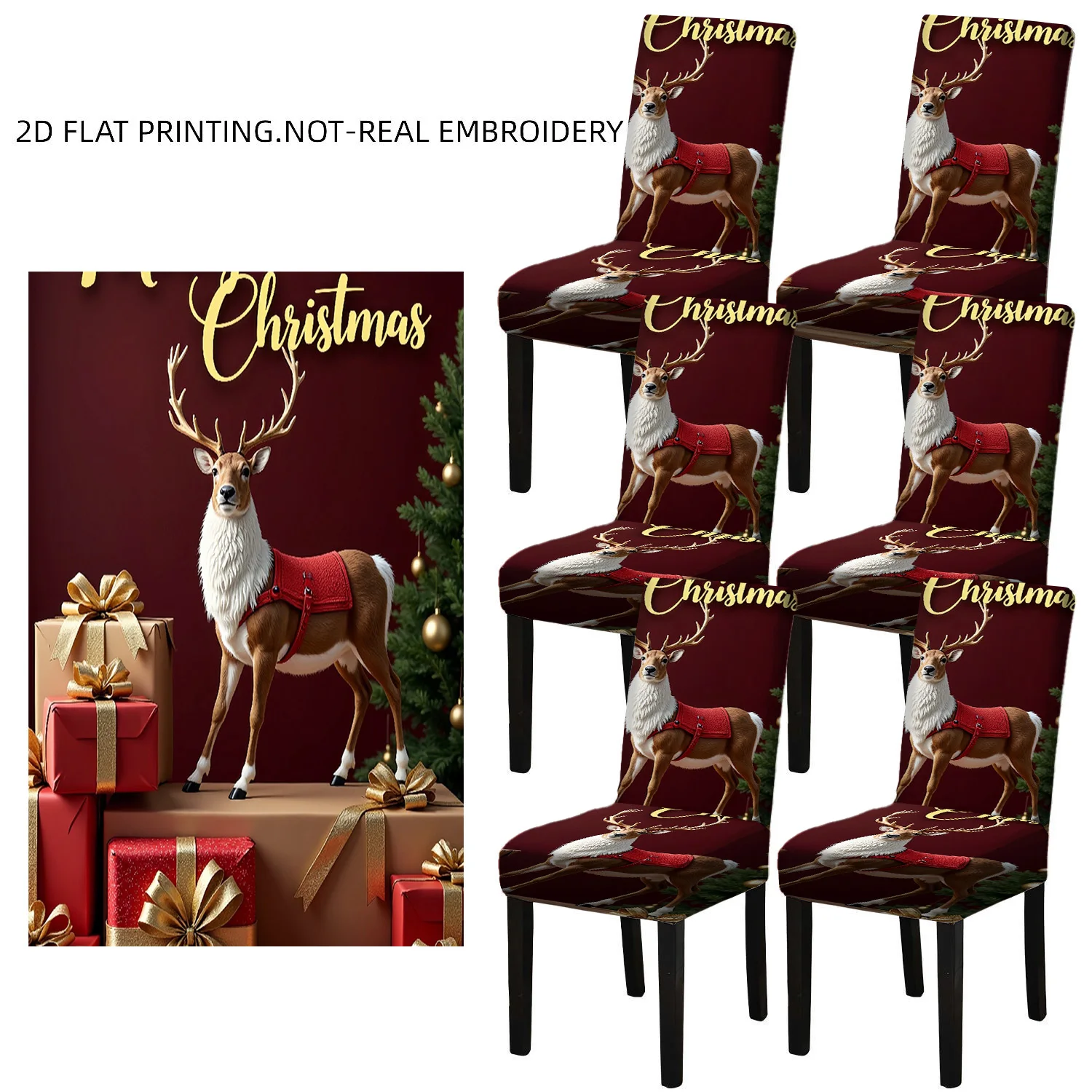 2/4/6 PCS Christmas Reindeer Gifts Elastic Dining Chair Covers, 2D Flat Printed Christmas Party Decoration Chair Covers