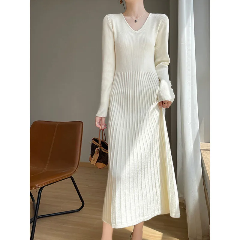 Herbst Winter Kleidung Frau Schlank Mittellange Kleid Frühling Strickwaren Tops Weibliche Lange Hülse Jumper Grundlegende Tragen frauen Pullover