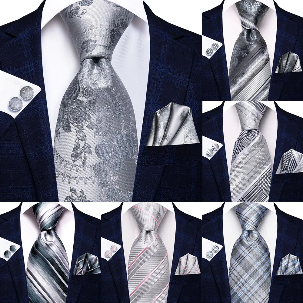 

New Design Floral Silver Grey 2022 New Fashion Brand Tie for Men Wedding Party Necktie Handky Cufflinks Gift Wholesale Hi-Tie