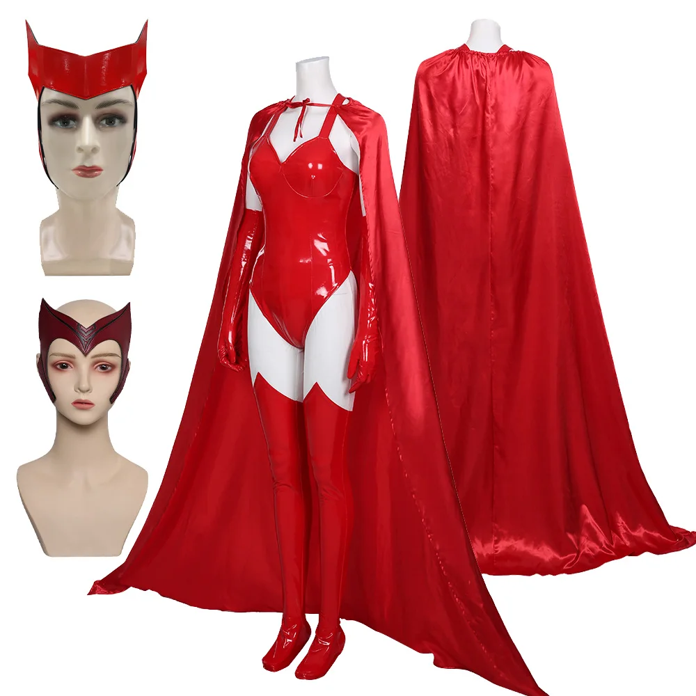 

Female Fantasy Scarlet Witch Cosplay Costume Mask Women Red Sexy Jumpsuit Cloak Outfits Halloween Carnival Party Fantasia Suit