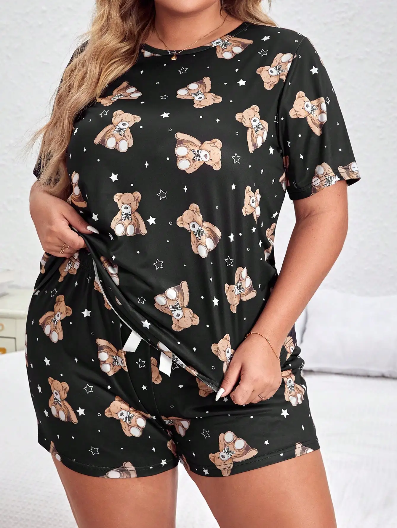 Summer cute cartoon bear printed short sleeved top&shorts oversized women\'s pajamas home clothing set