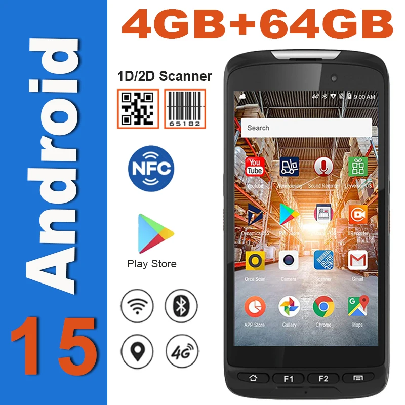 Handheld Android PDA 4G+64G NFC RFID Reader Data Collection Terminal PDA 2D Laser Barcode Inventory Scanner