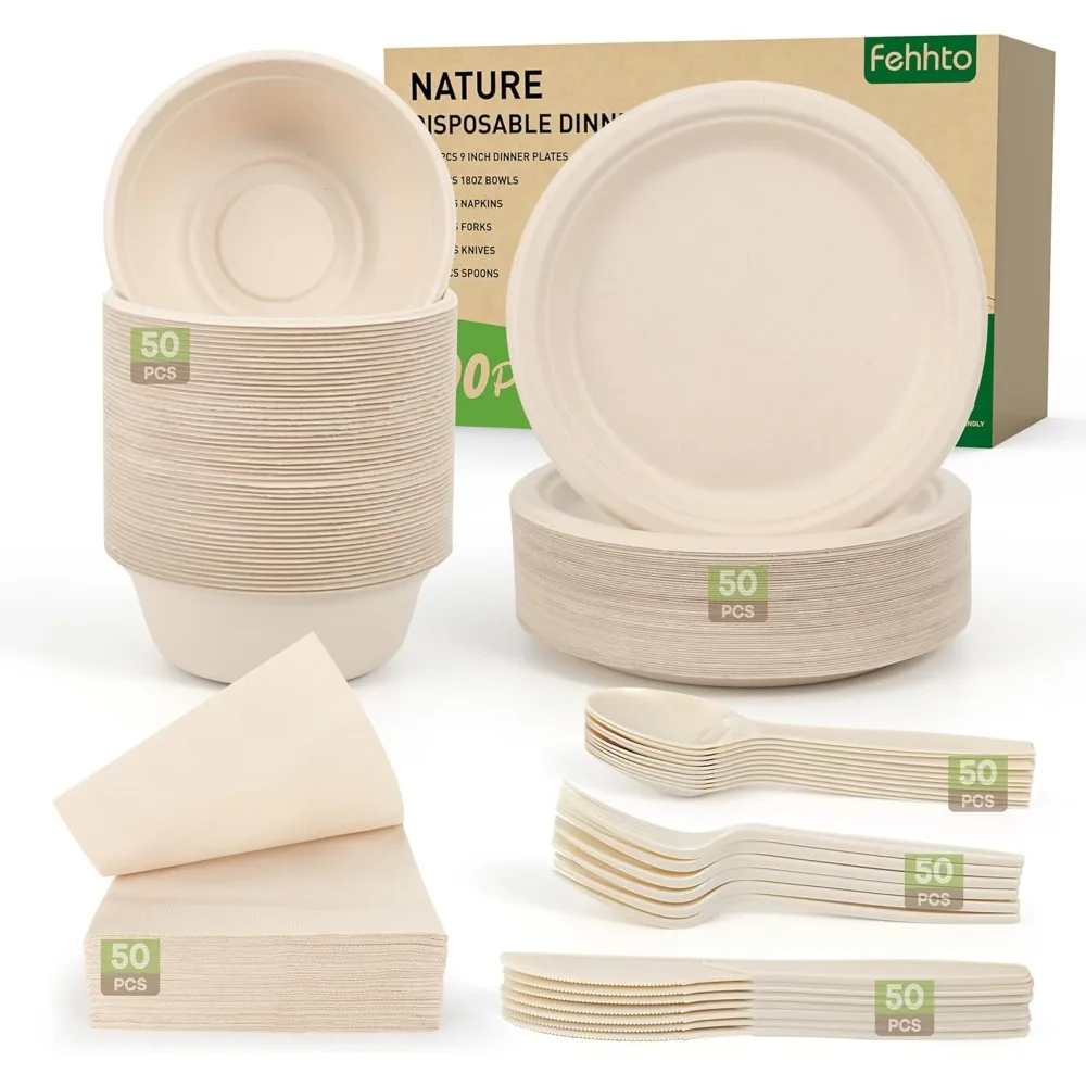 

Disposable Paper Plates Set 300PCS Compostable Sugarcane Plates, Bowls, Heavy-duty Utensil, Biodegradable Napkins, Eco-friendly