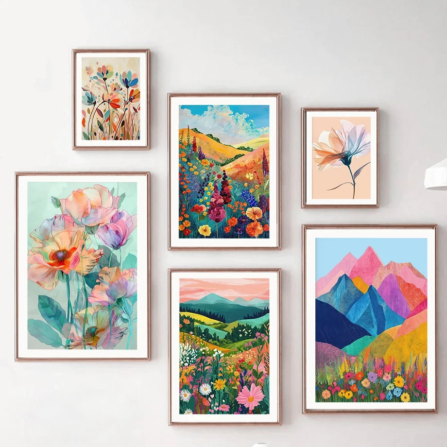 Chroma Abstract Art Illustration Art Distant Mountains Beautiful Flowers Fashion Wall Art Canvas Painting Nordic Poster Decor