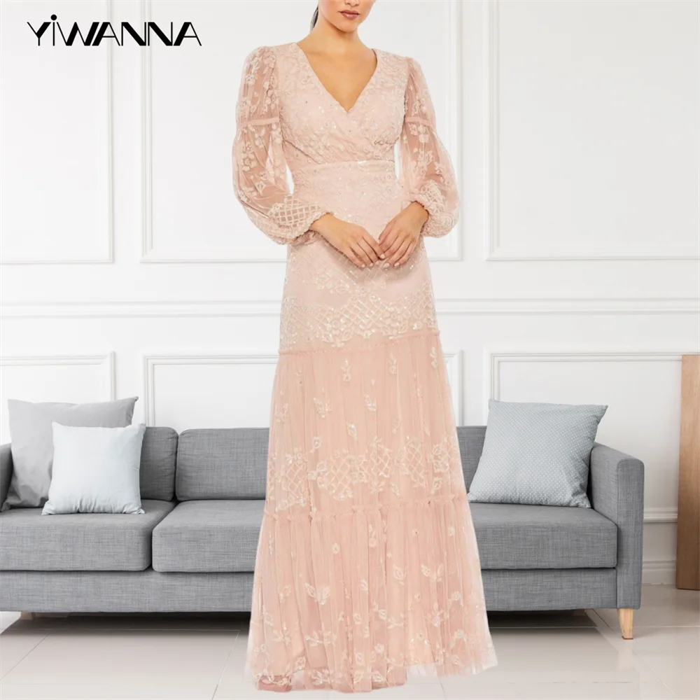 Modest Long A-line Wedding Party Dress Tulle Lace Detailed Puff Sleeve Mother Of The Bride Dresses Vestido Fiesta Boda Invitada