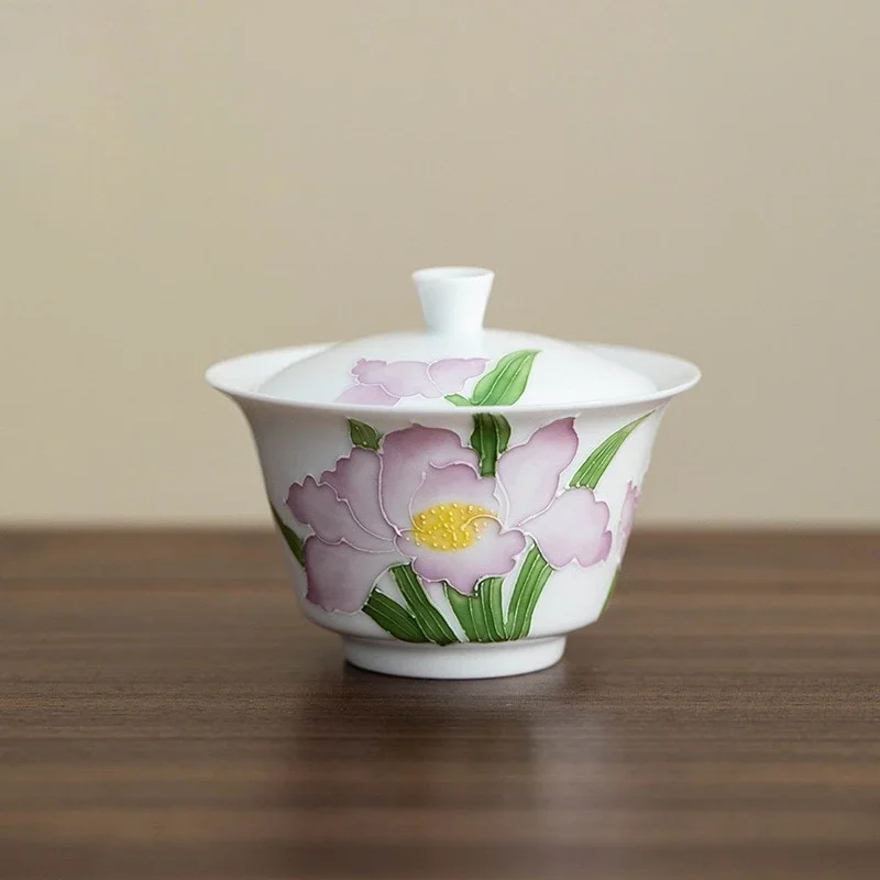 100ML Hand-painted Heap Carved Iris Horseshoe Cover Bowl Modern Small Fresh Household Ceramic Tea Bowl Tea Bowl Kung Fu Teacup