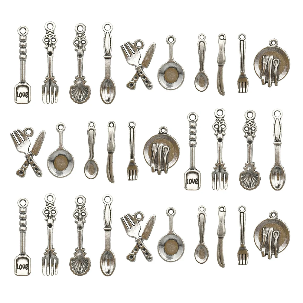 100 Stück Geschirr-Anhänger, DIY-Löffel, Gabel, Schüssel, Schmuckzubehör für Halskette, Armband, Charm, Handwerk, Schmuck, Anhänger-Zubehör