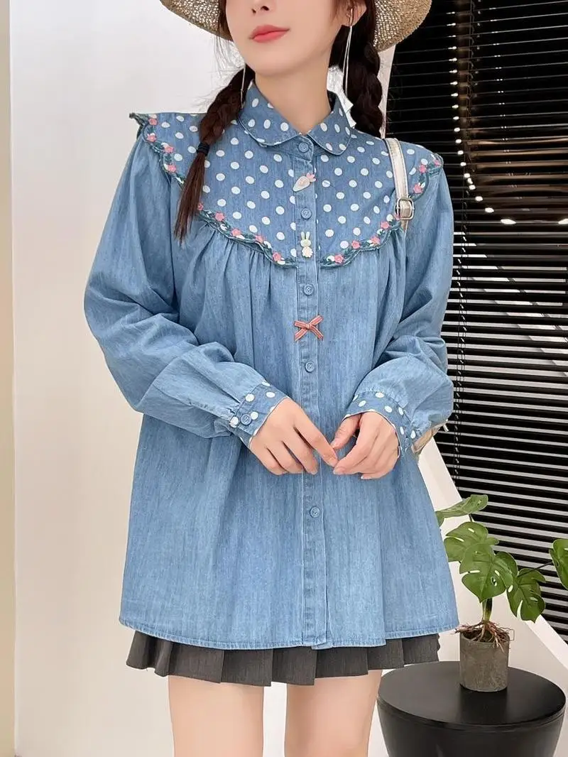 Women Flower Embroidery Blue Denim Kawaii Shirts Japanese Mori Girl Peter Pan Collar Long Sleeve Lolita Blouse Autumn Jean Shirt