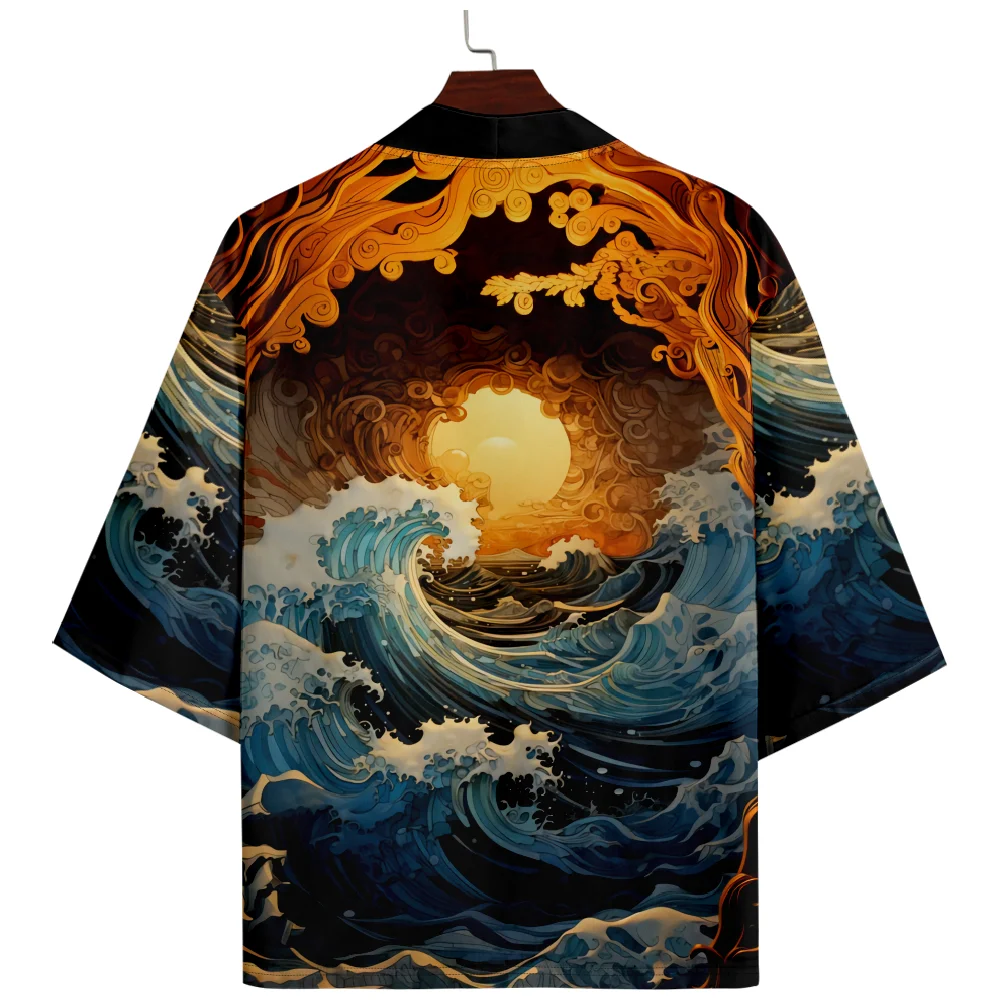 Japanese Ukiyo Wave Print Traditional Kimono Women Men Yukata Cardigan Shirts Cosplay Haori Oversized Streetwear Tops