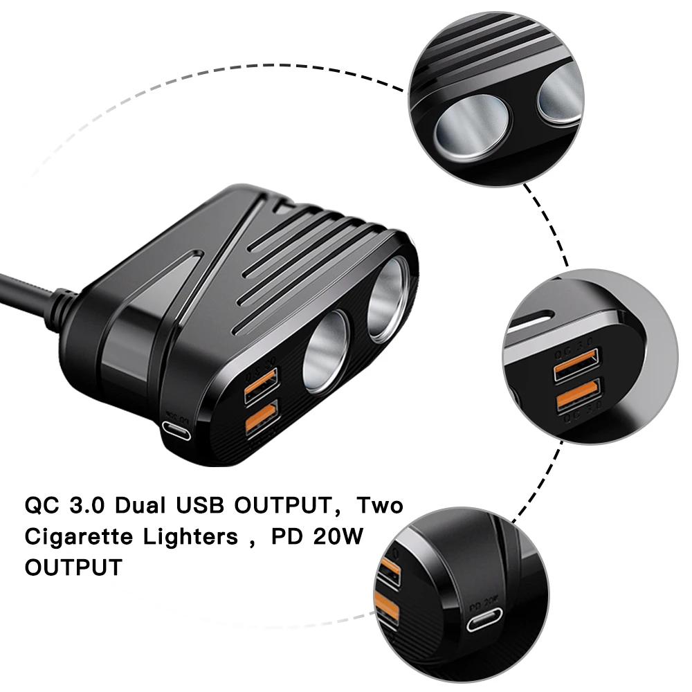 Gadpow Cigarette Lighter socket splitter Charger 180W 4 USB Port Car Charger USB Charger Type C Port Car Socket Splitter