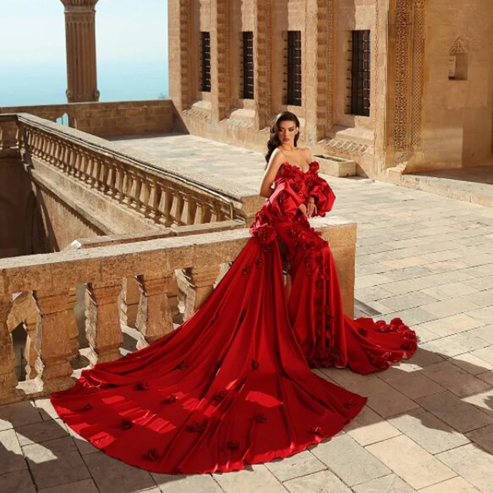 Customized Red Flower Engagement Dresses One Shoulder Mermaid Formal Evening Dress with Detachable Sleeve Satin Meet Gala Dress