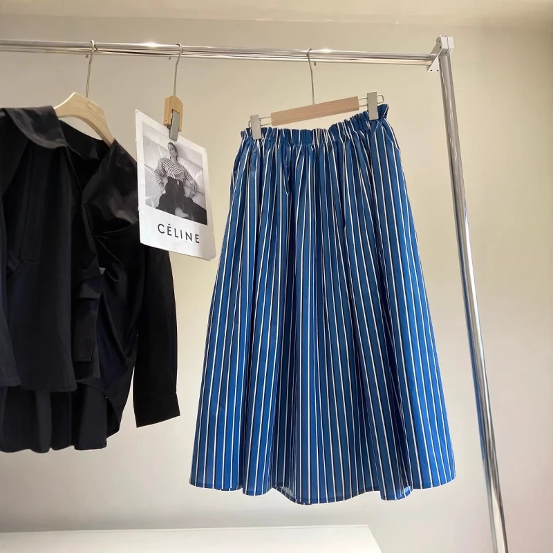   Saia midi feminina casual Sle cintura alta linha A com listras verticais gaze de algodão de seda Ele balanço completo