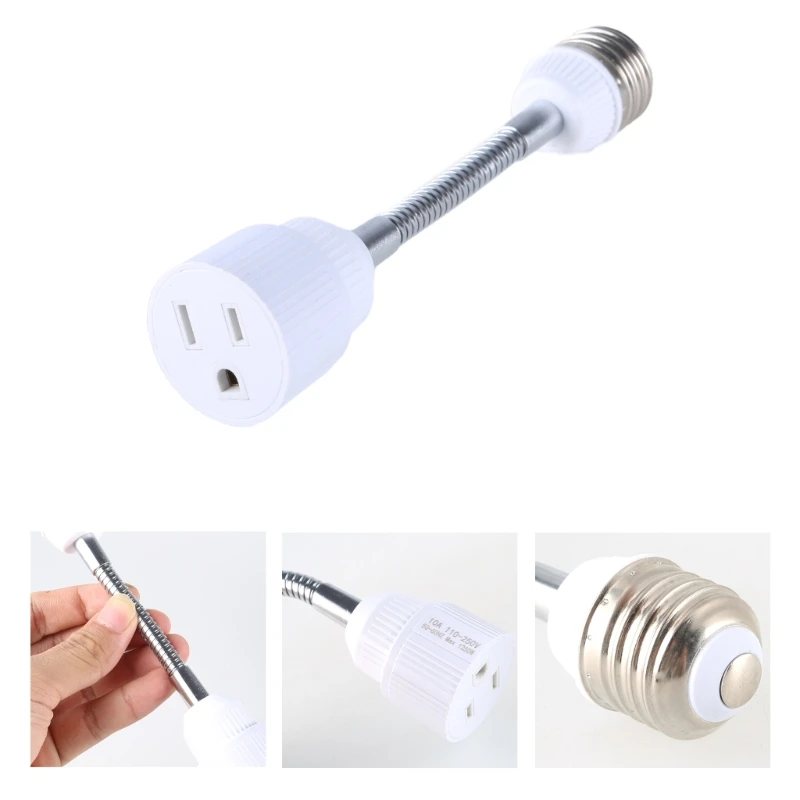 E27 to 3Prong Outlet Socket Adapter Gooseneck Light Bulb Extender Adjustable Receptacle Converters Groundeds for Flood