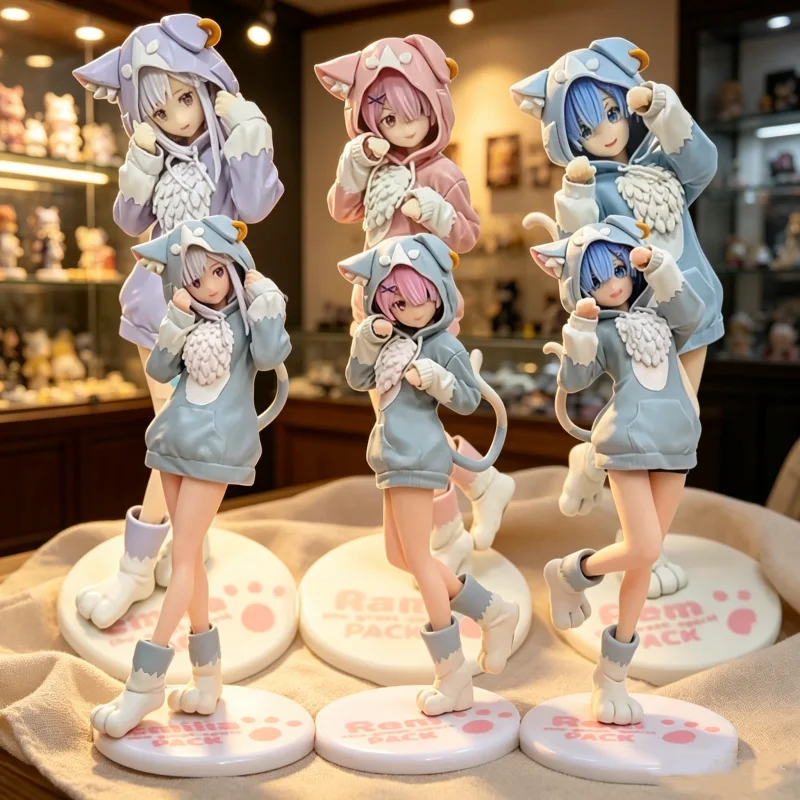 6 figurines d'action Anime Re:Zero Rem Ram Emilia, mignonnes, avec sweat à capuche, modèle de collection, jouet décoratif de bureau, cadeau