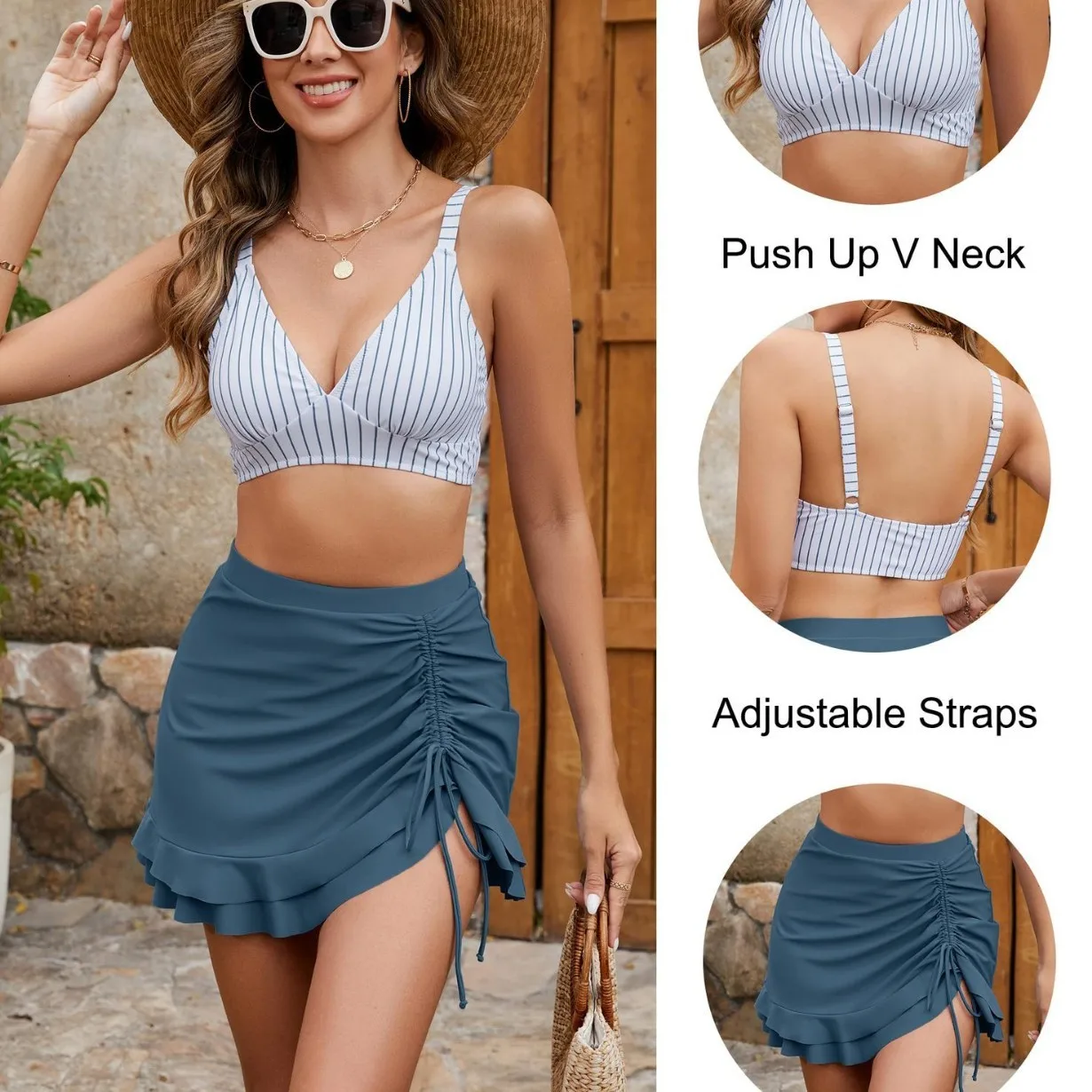 Women's Swimwear Tankini Women Swimsuit Long Sleeve Crop Tankini Top Ruffle Trim V Neck Swim Tank Plaid Print Bikini Top view 5