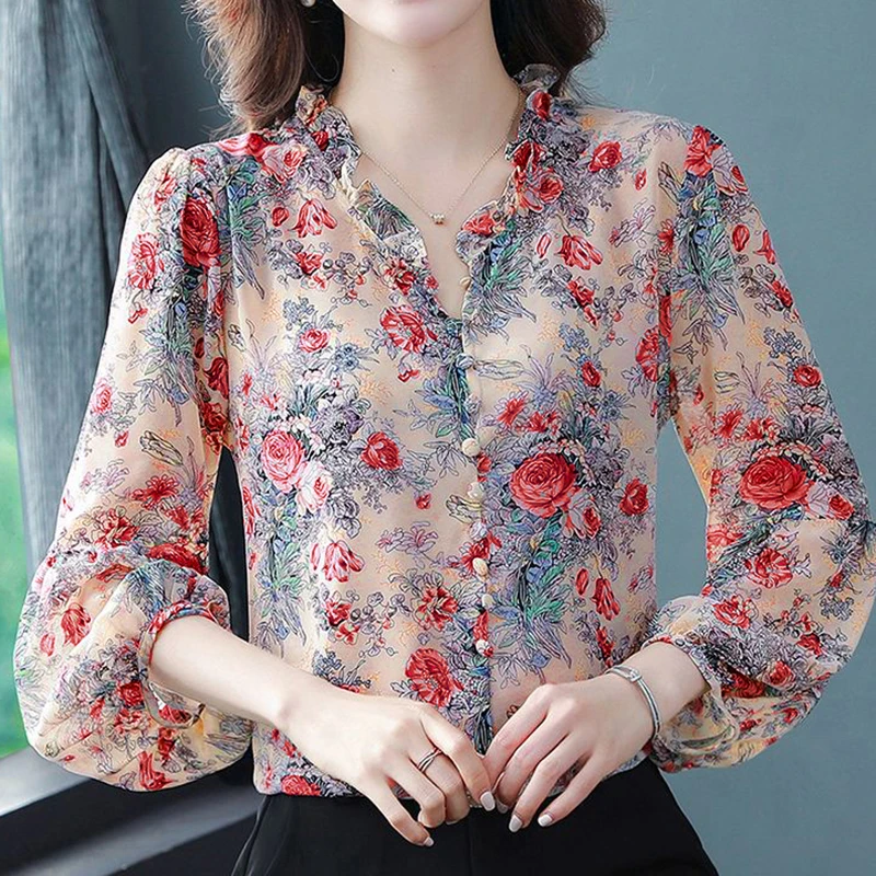 Elegant Female Blouses Floral Print V-neck Thin Puff Three Quarter Sleeve Shirt And Blouses Top Women\'s Clothing Trend 2024 New