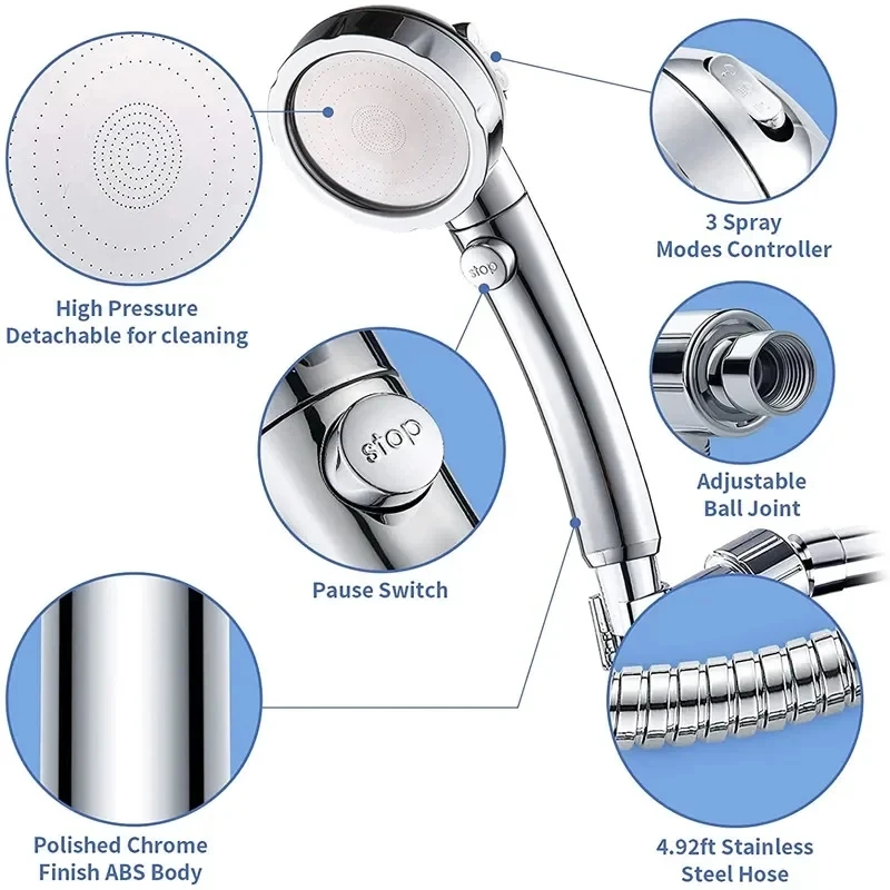 360 Degrees Rotating Handheld Shower Head Adjustable 3 Spray Setting with ON/OFF Pause Switch Water Saving Shower Head