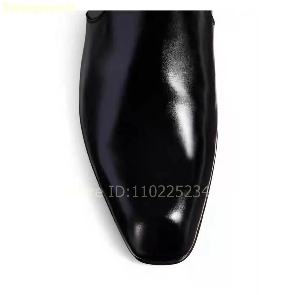 Black Leather Knee High Boots Women Fashion Square Toe Flat Heel Knight Boots Comfortable Slip-On Casual Footwear Plus Size35-43 image 5