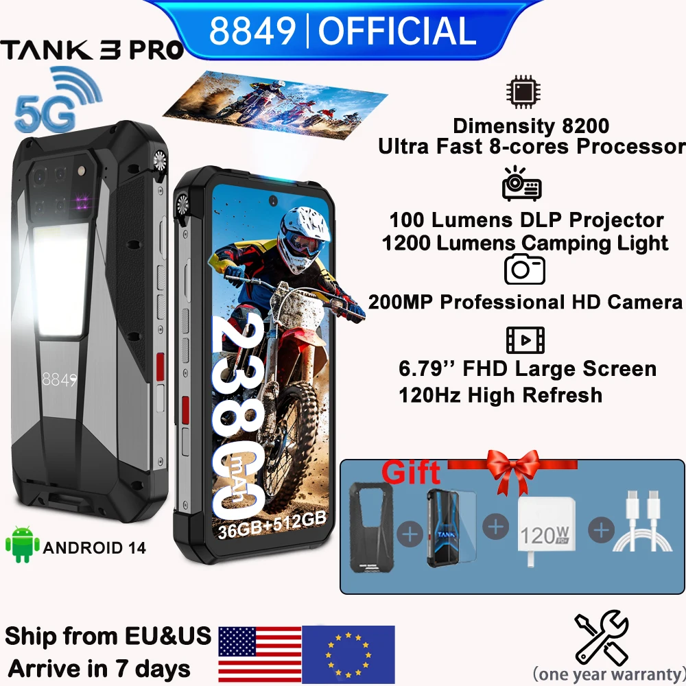 8849 Tank 3 Pro Unihertz Rugged Projector Smartphone 23800mAh 5G Android14 Outdoor Phone 512GB+36GB 120W Fast Charging Dual Sim