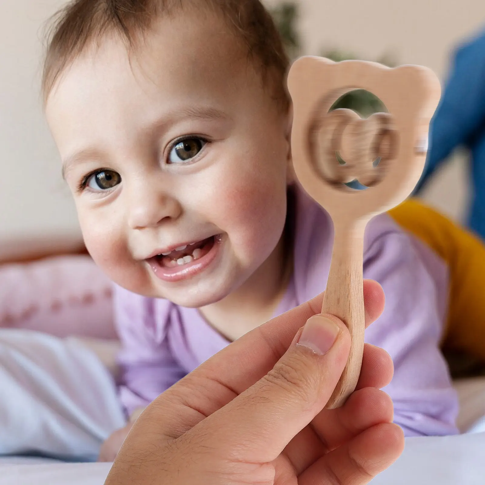 Hochet en bois pour bébé, sûr et non toxique, en bois, design animal mignon, hochet et anneaux de dentition pour bébés, hochets sensoriels