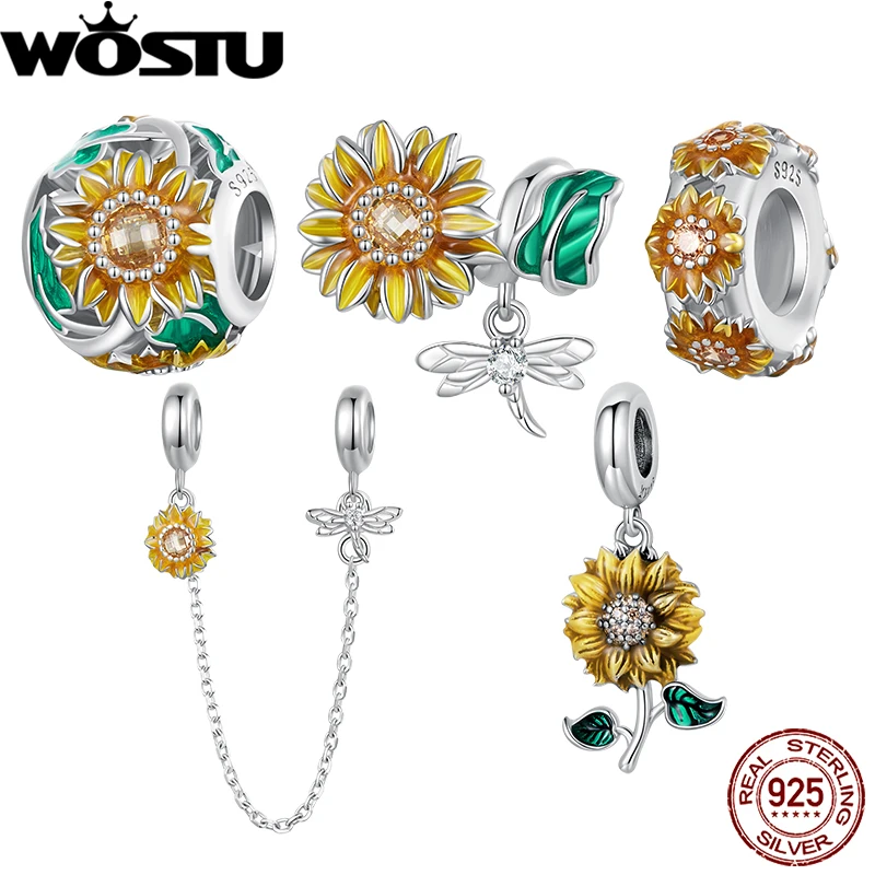 

WOSTU 925 Sterling Silver Sunflower Charm Silica Flower Gel Charm Safety Chain for Women Fit Bracelet Necklace Fine Jewelry Gift