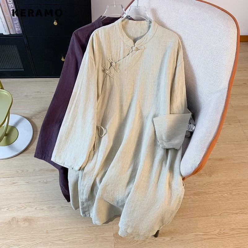 Chinese Style Elegant Stand Collar Purple Lace-up Blouses 2024 Autumn Women Vintage Solid Color Long Sleeve Chiffon Thin Shirts