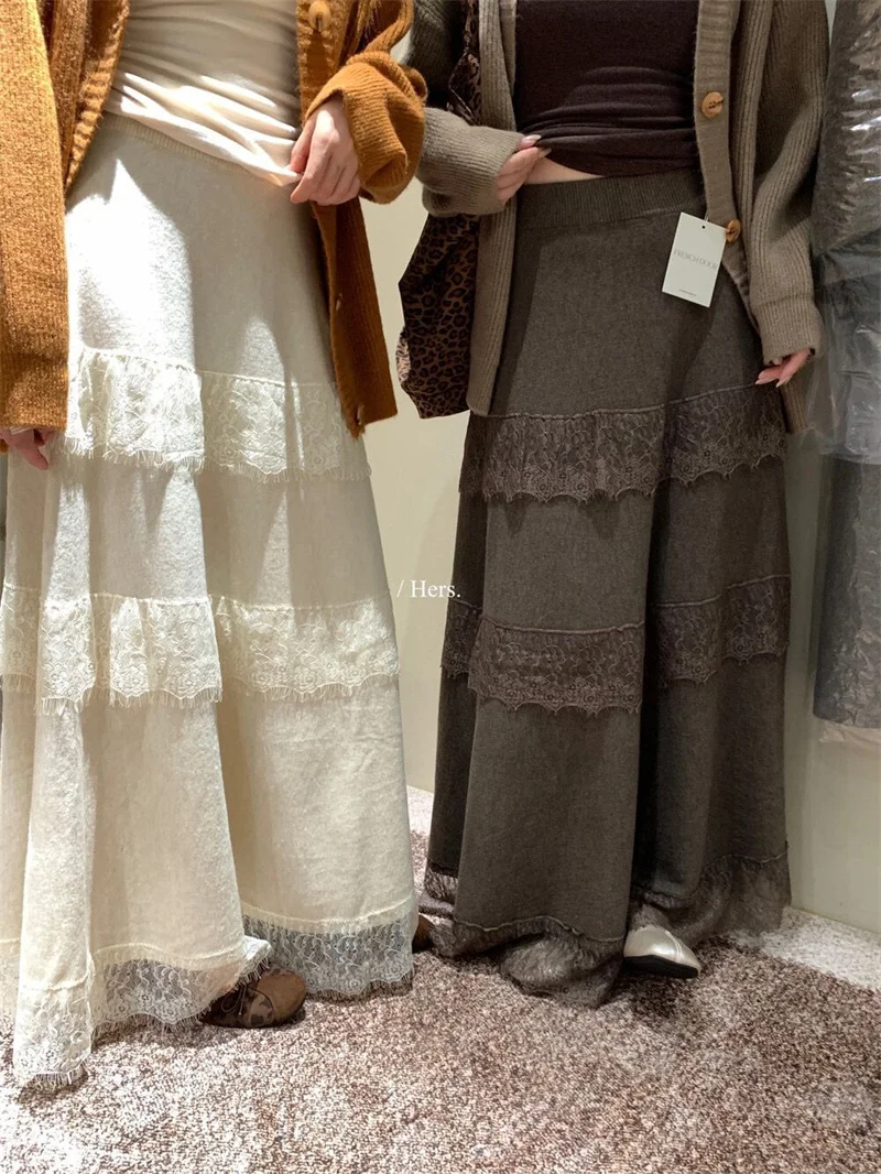 

Women Skirt Soild Korean Simple Patchwork Knitted Long Skirt A-line High Waist Casual Skirt Spring Autumn