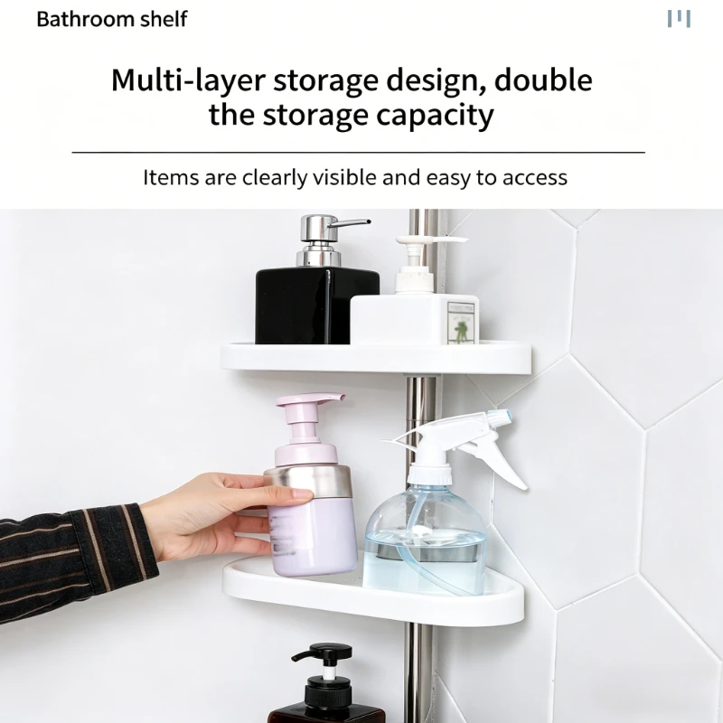 No Drill Tension Pole Bathroom Corner Shelf Adjustable Stainless Steel Shower Caddy with Drainage Tray for Toiletries Storage 4