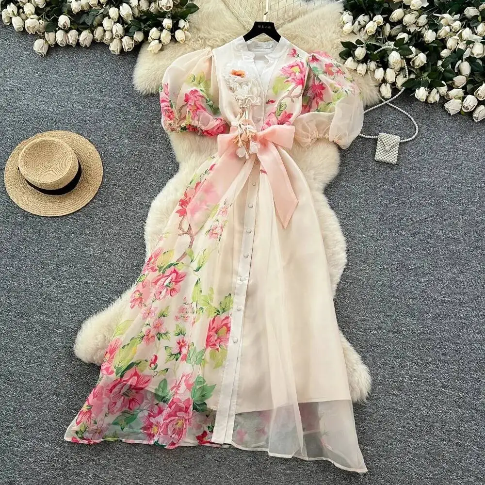 Elegancka sukienka w stylu vintage z seksownym dekoltem w serek, trójwymiarowymi wstawkami, letnia, w stylu boho, długa sukienka damska.