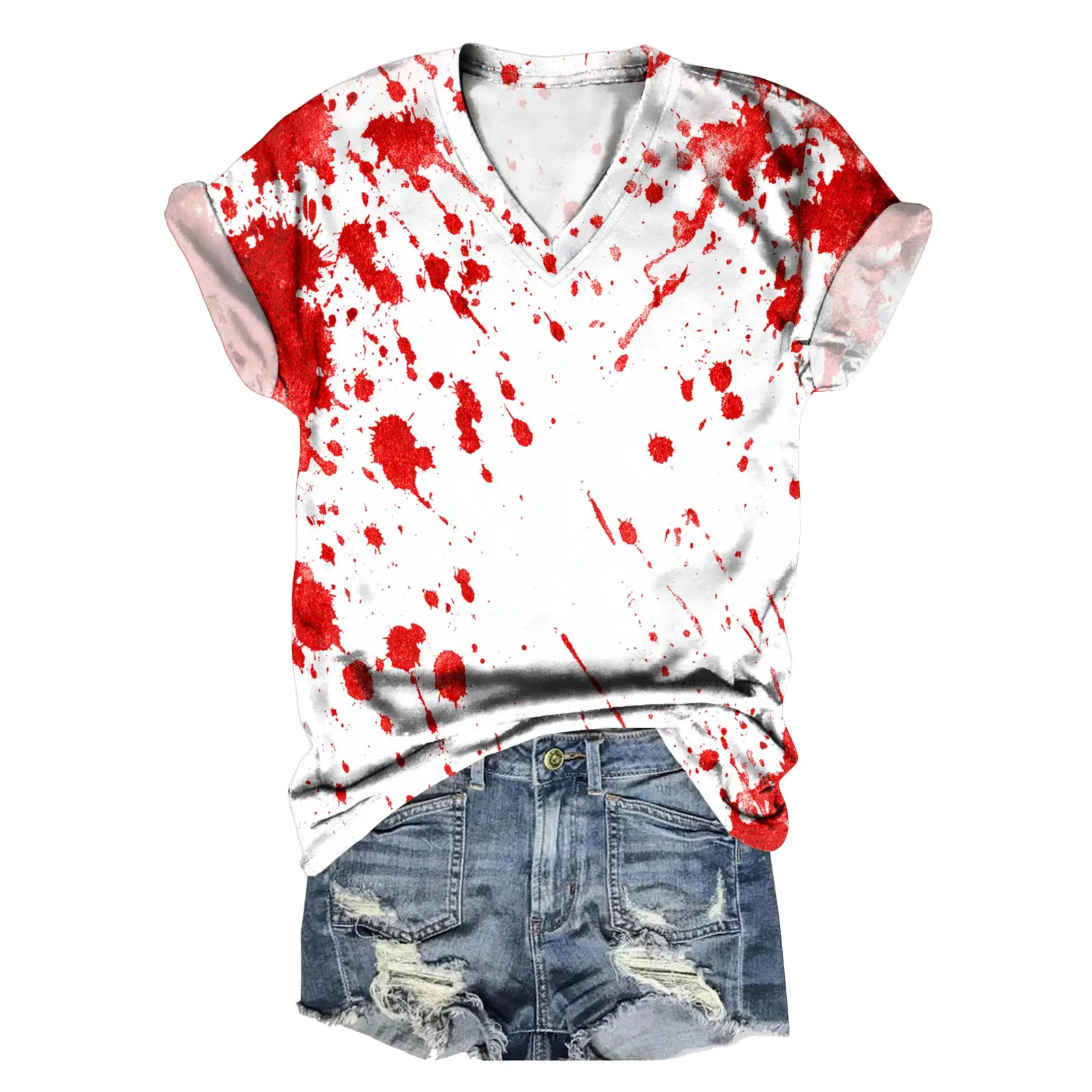 هالوين تي شيرت الدم سبلاش نمط المرأة بلايز الصيف الدموية المطبوعة قصيرة الأكمام قميص الخامس الرقبة الرعب الدموي Harajuku تيز