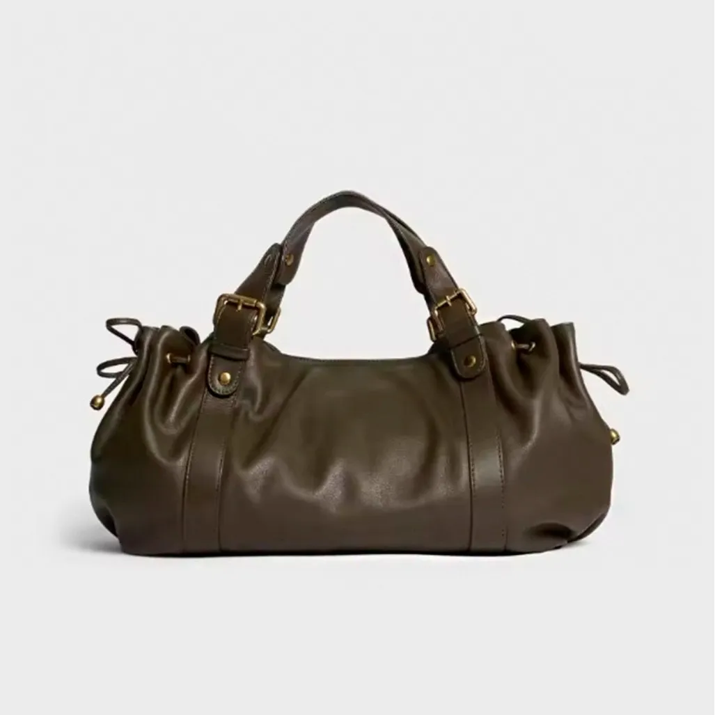 Women Vintage Soft Faux Leather Pillow Handbag Drawstring Side Shoulder Bag Retro Brass Buckle Large Capacity Ladies Tote Purse