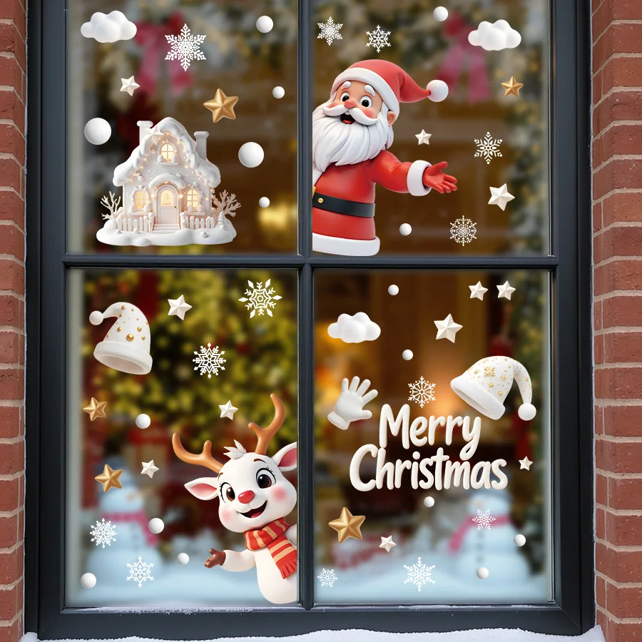 Fensteraufkleber für Weihnachten, Weihnachtsdekoration, Glasaufkleber, Schneemänner, Rentier, Weihnachtsmann, Festival, dekorative Fensteraufkleber