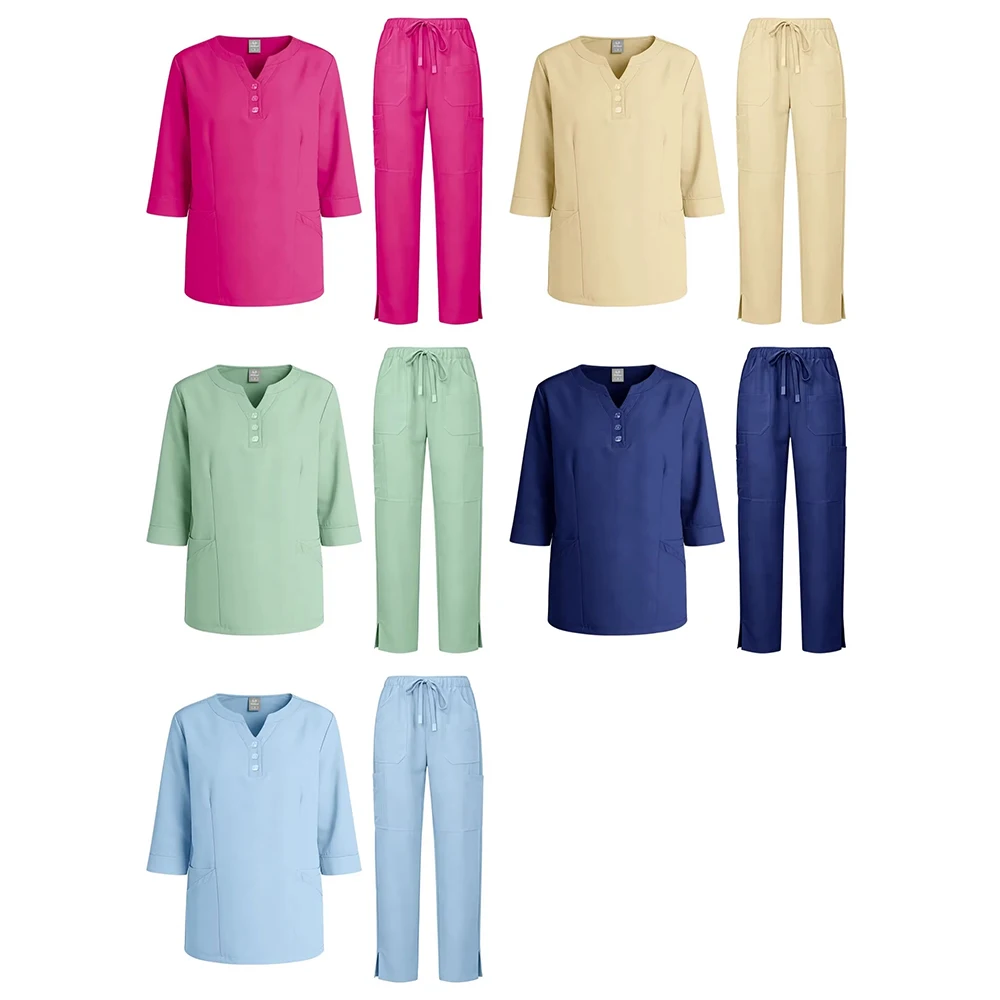 uniforme-d'infirmiere-pour-femmes-tissu-a-sechage-rapide-couleur-unie-col-en-v-poche-boutonnee-pantalon-a-manches-courtes-vetements-de-travail-pour-infirmieres