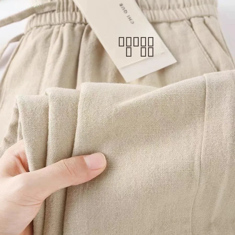 

High-End Khaki Color Linen Pants Elastic Dstring Lightweight Breathable Casual Trousers Summer Season Straight Leg Jeans
