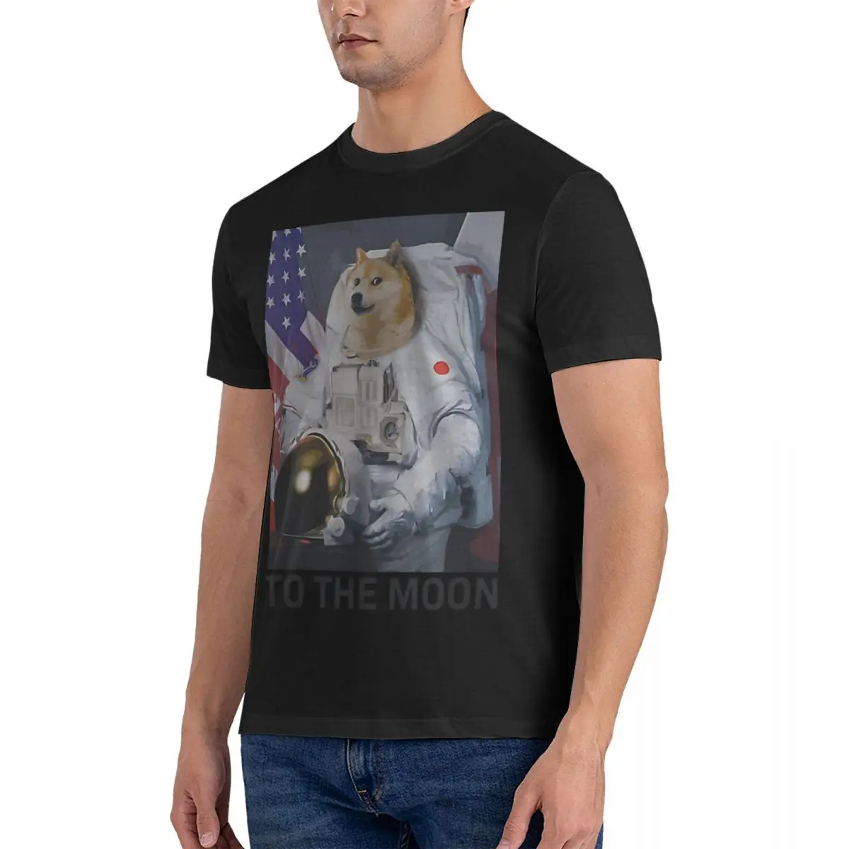 Vintage Astronaut Doge Dog Shiba Inu Astronaut T-Shirts Men Round Collar 100% Cotton T Shirt Dogecoin  Birthday Gift Tops