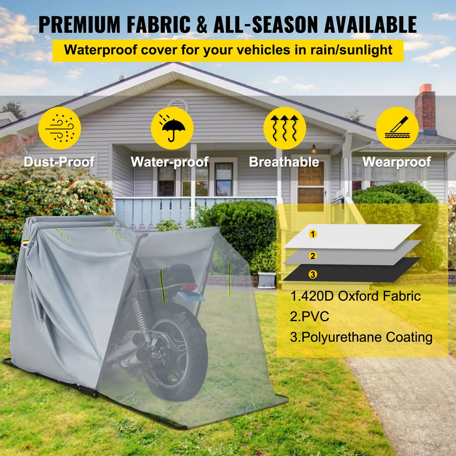 Motorcycle Shelter Waterproof Motorcycle Cover Heavy Duty Motorcycle Garage 420D Oxford Motorbike Sunshade Storage Raincoat Tent