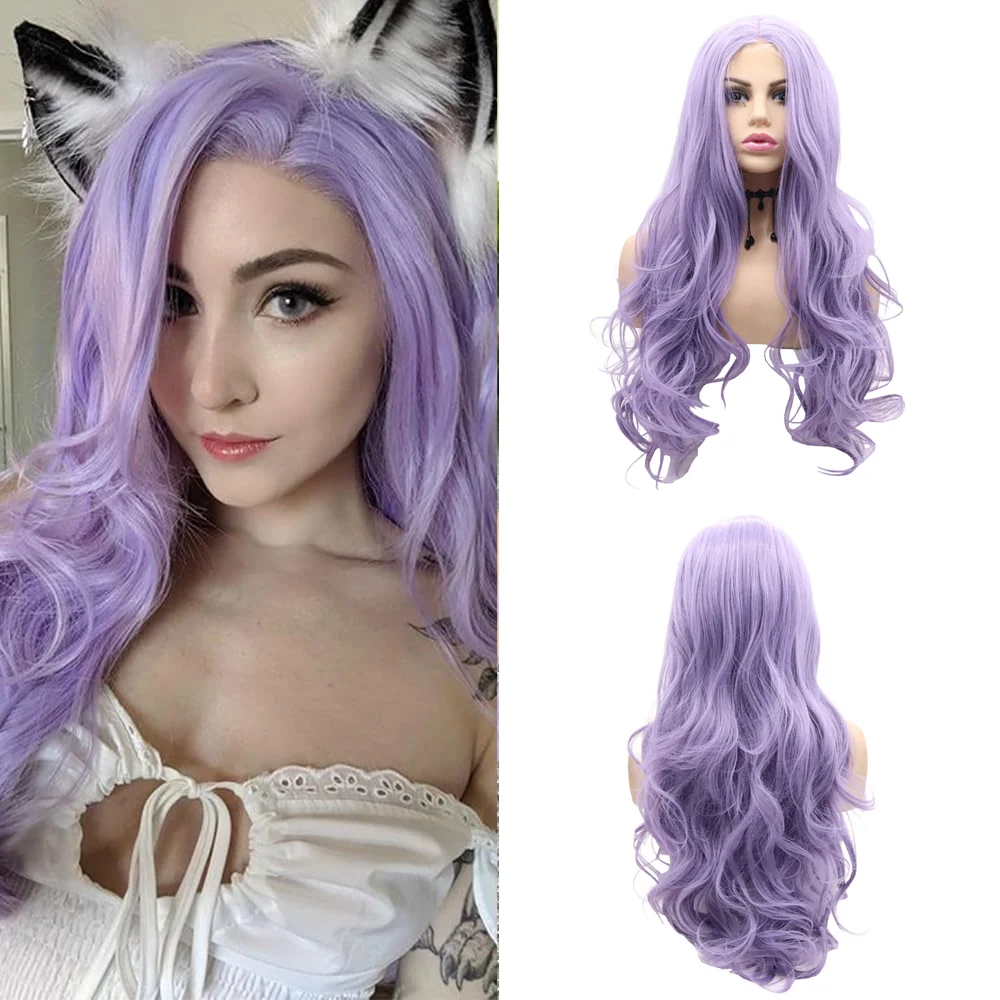 1 × 4 شعر صناعي بدانتيل أمامي على شكل حرف T 24 بوصة أرجواني وذهبي شعر مجعد مموج مناسب للحفلات اليومية للنساء شعر مستعار مقاوم للحرارة